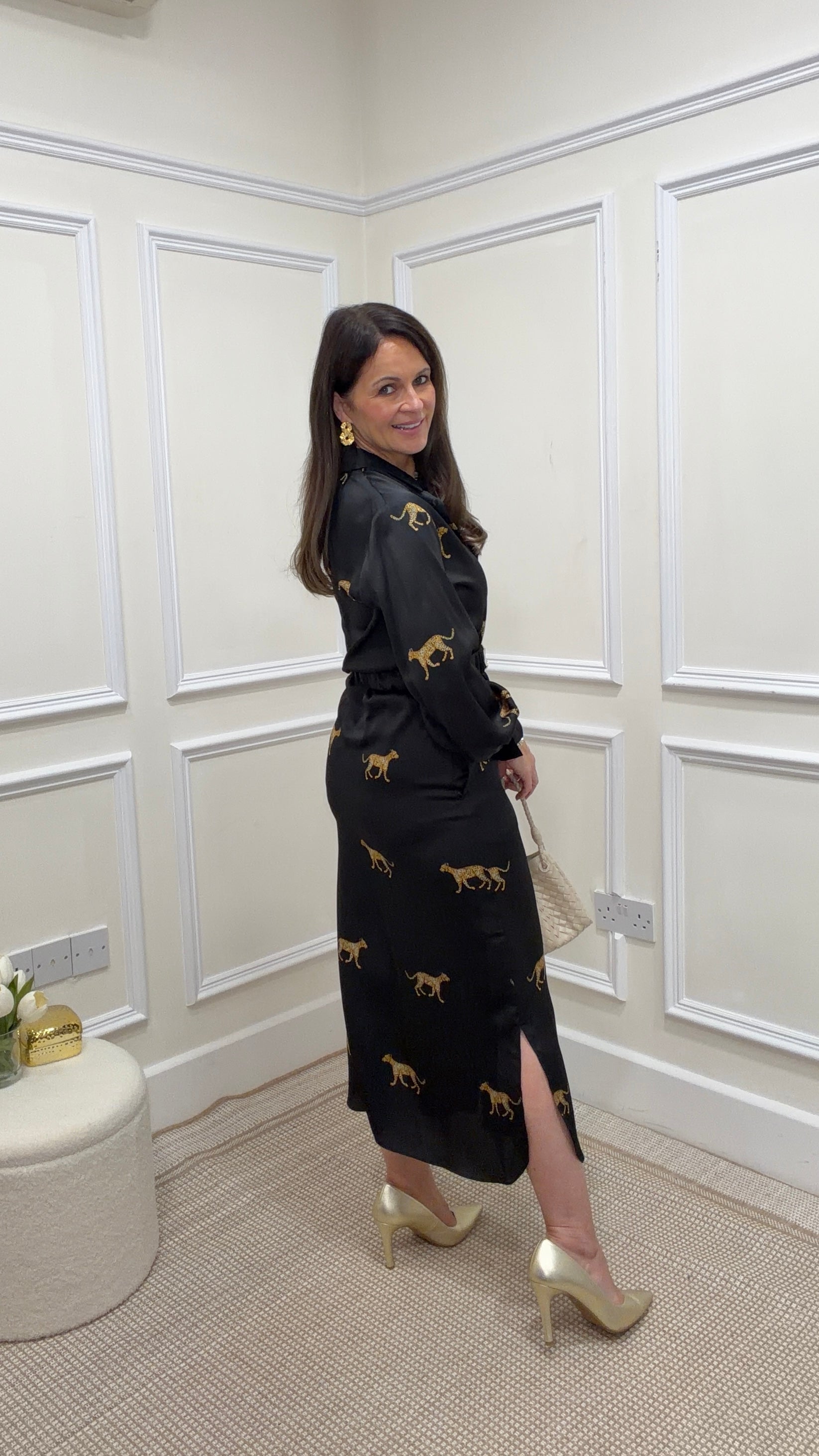 Jasmine Black Shirt Dress with Leopard Print