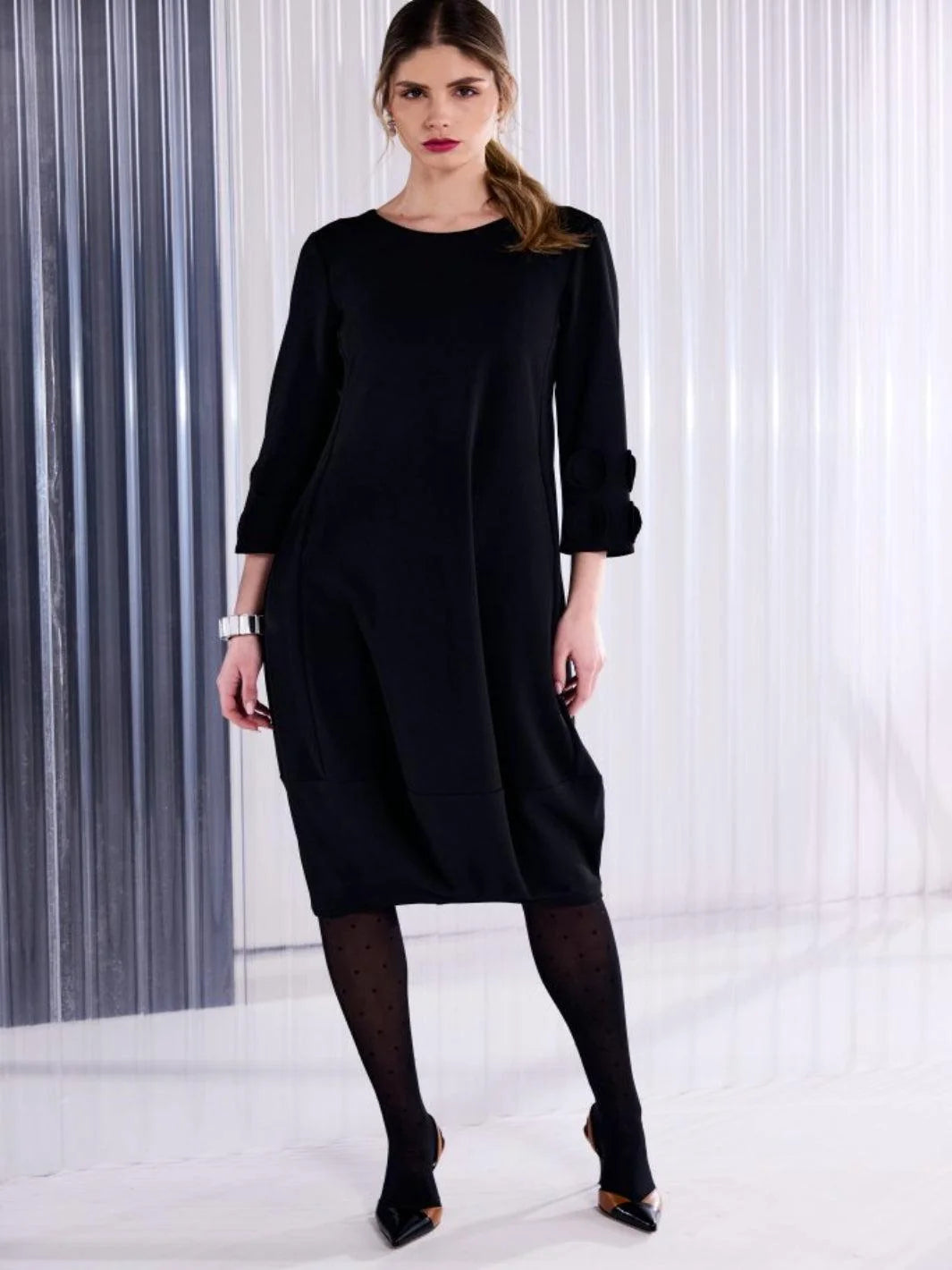 Bea Black Midi Dress with Ruffled Sleeves