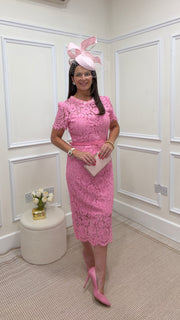 Annabelle Candy Pink Lace Belted Dress