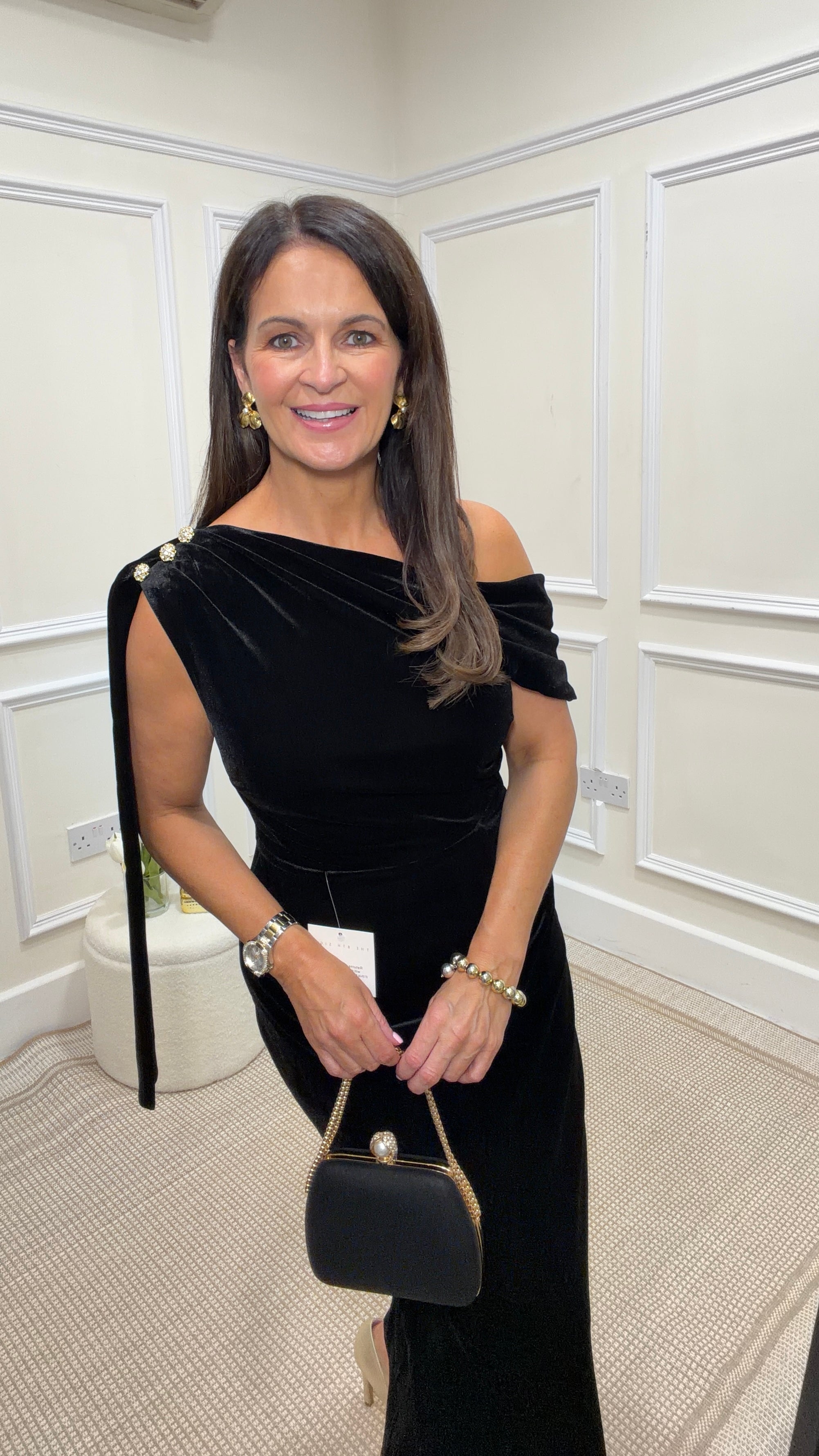 Eleni Black Velvet One Shoulder Dress