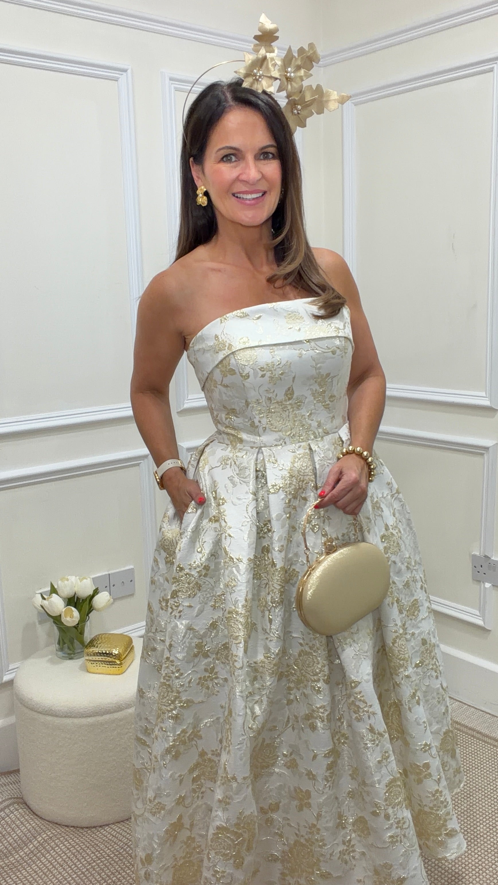Zara Champagne & Gold Strapless Dress