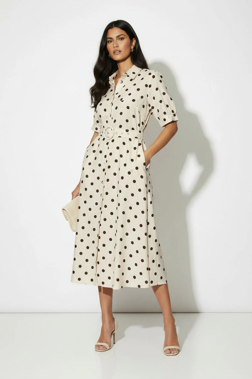brown and white polka dot dress with sleeves Beauty Dots Dress