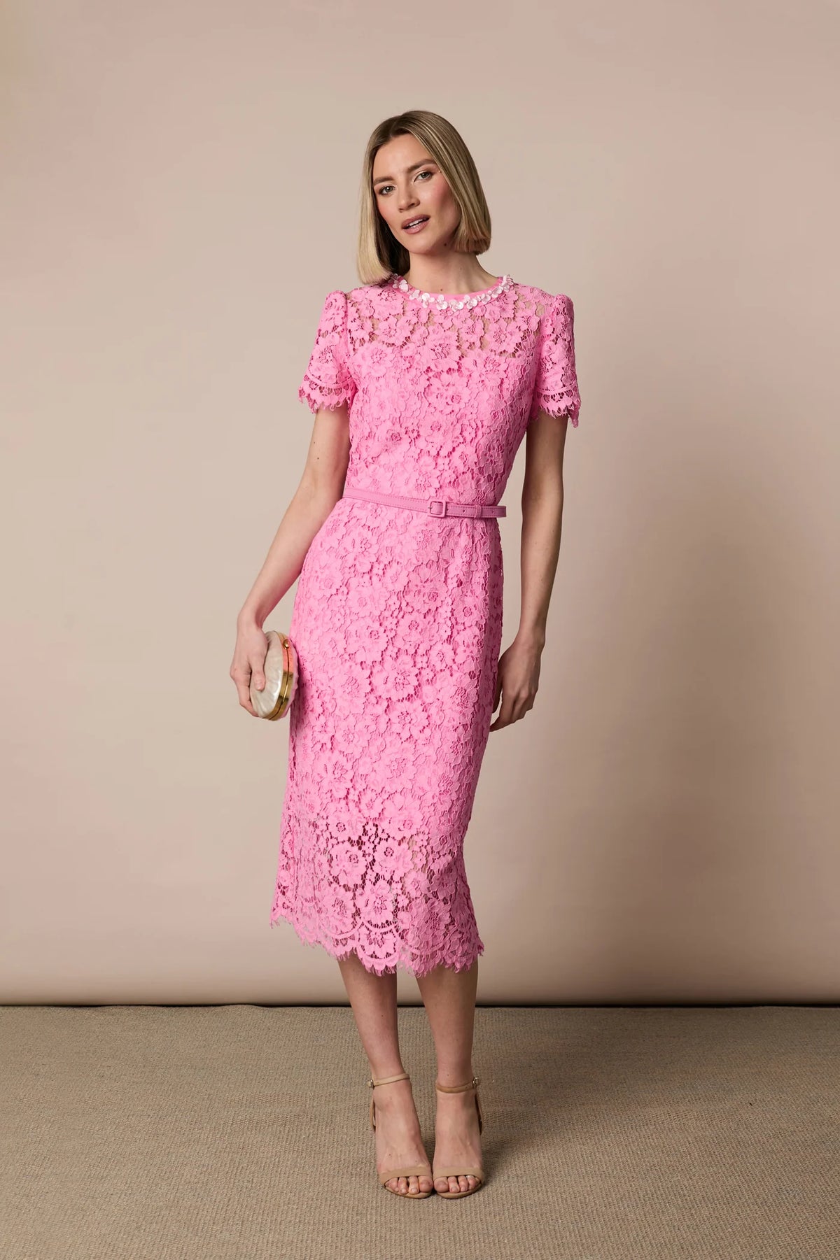 Annabelle Candy Pink Lace Belted Dress