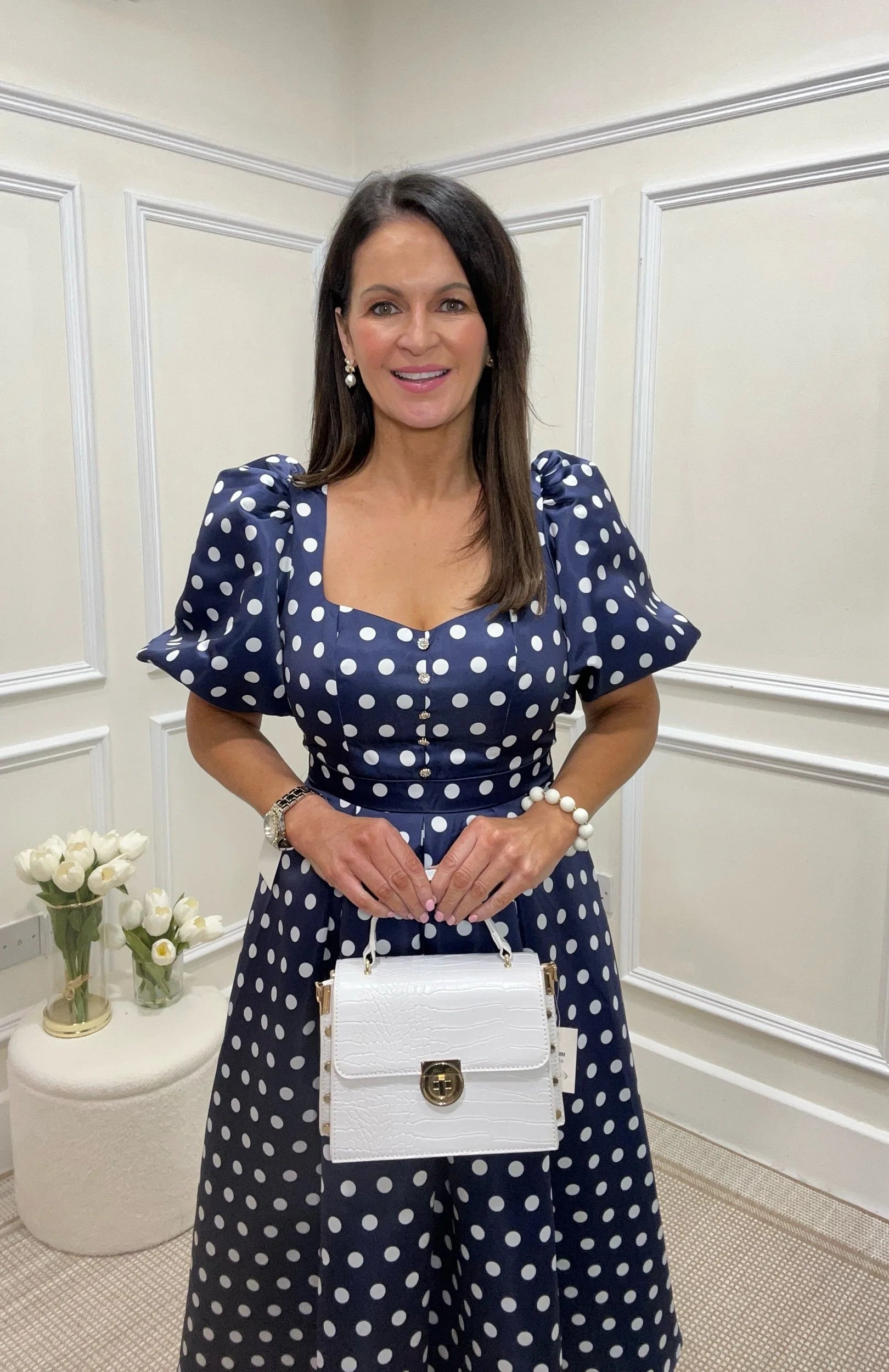 Audrey Navy/White Polka Dot Dress