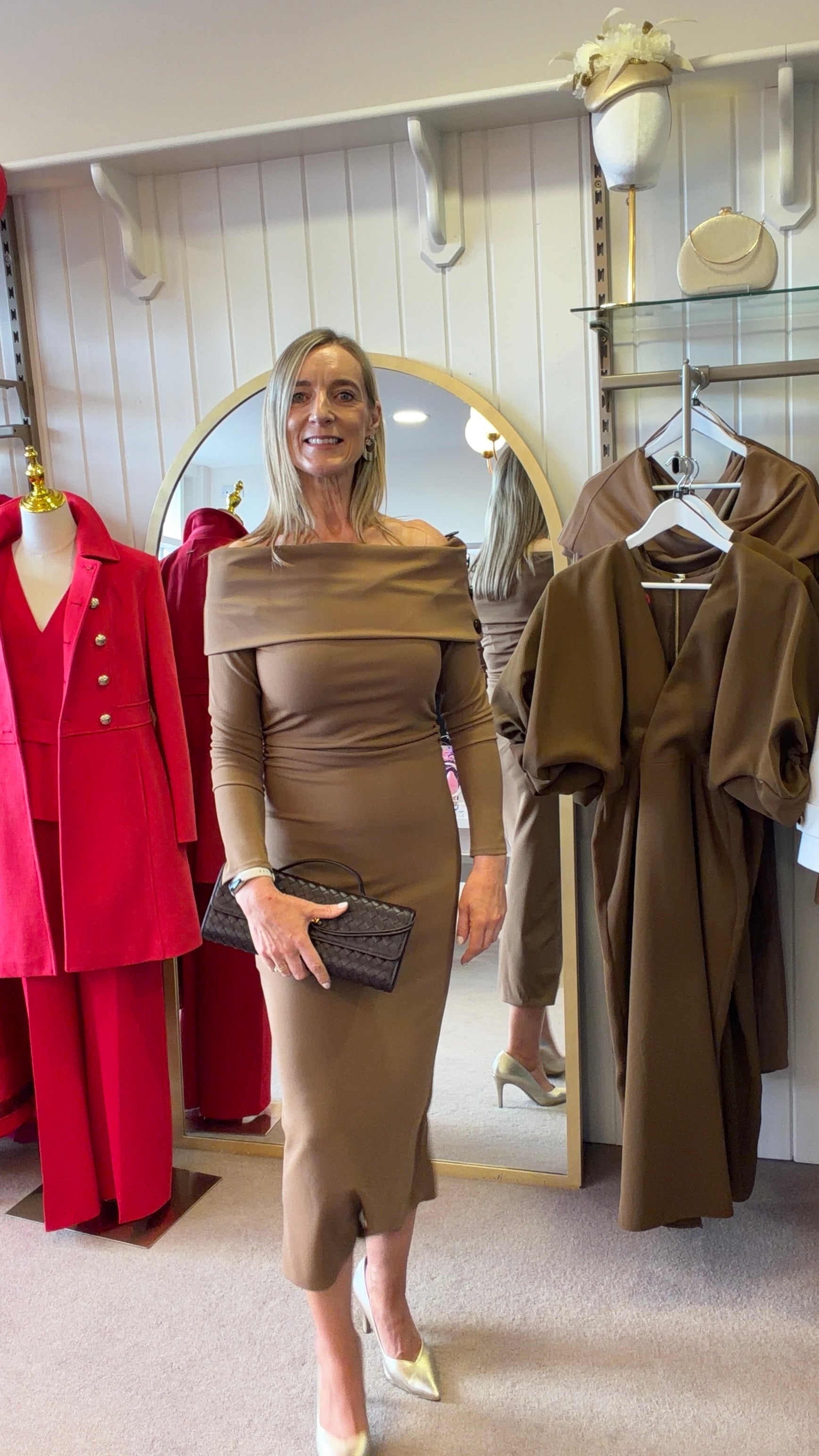 Nola Brown Over the Shoulder Dress