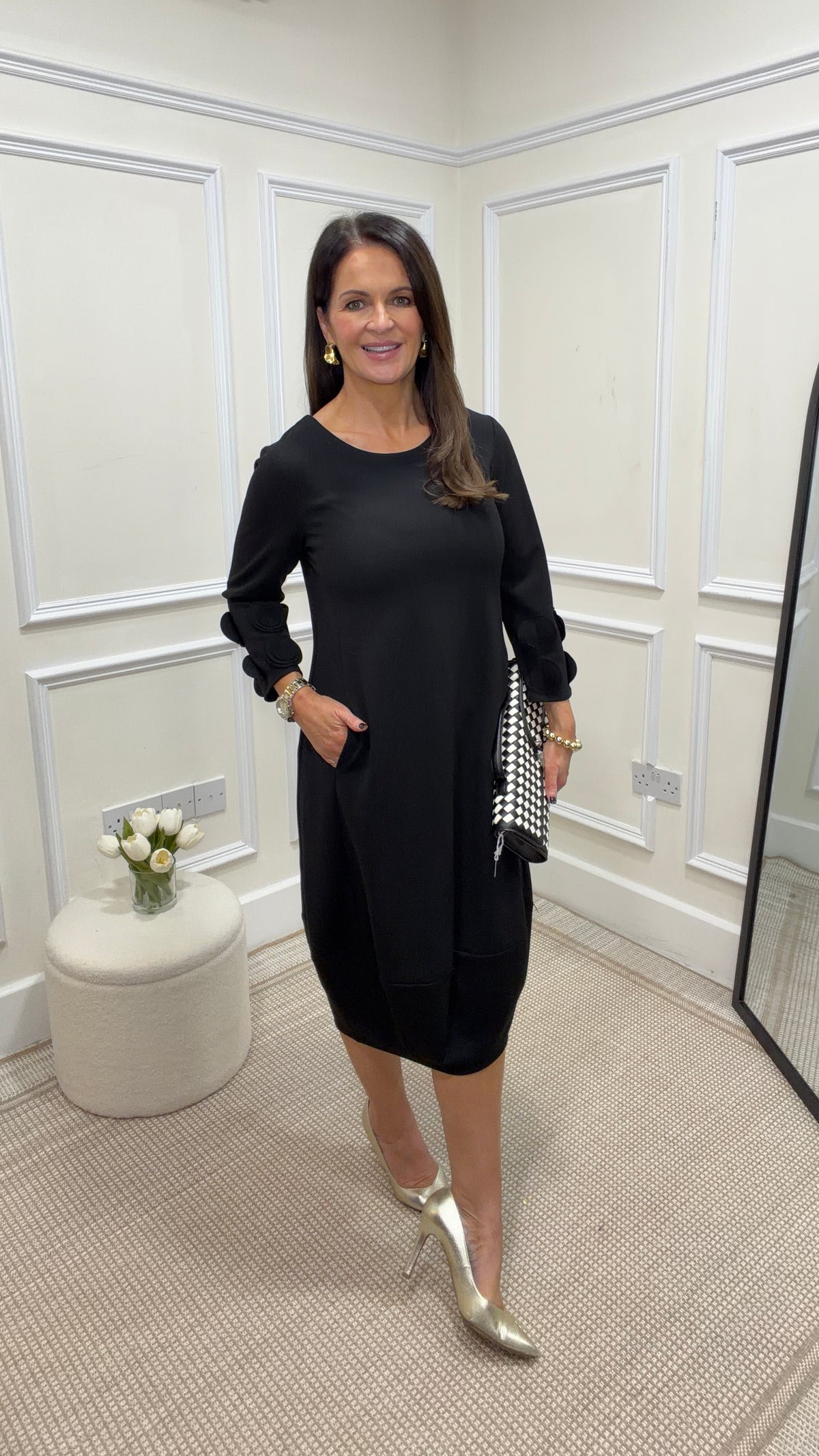 Bea Black Midi Dress with Ruffled Sleeves