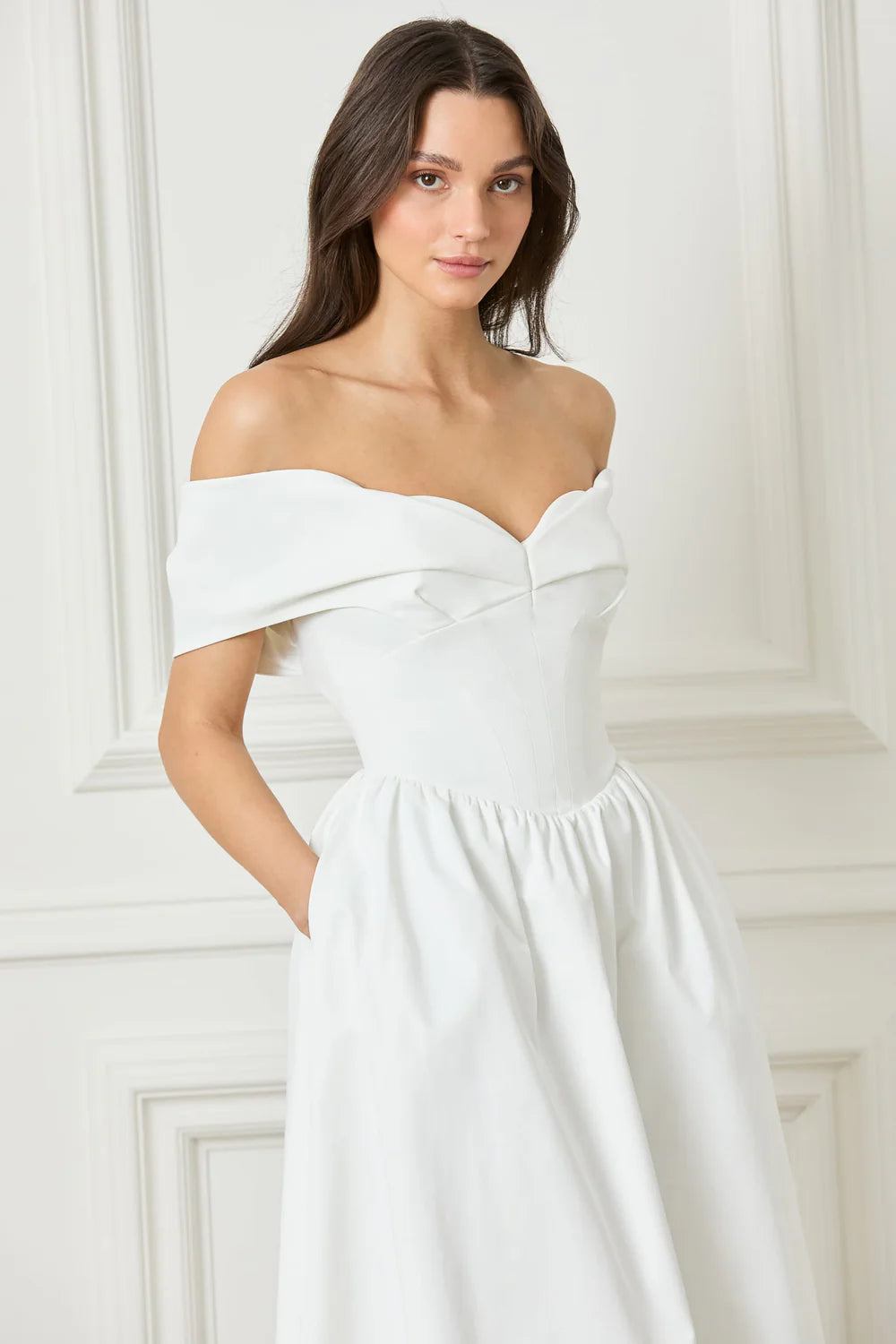 Rosalind Pleated Off Shoulder Corset Sundress In White