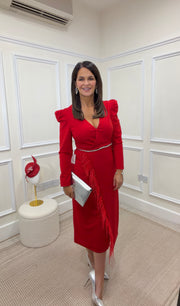 Vivienne Red Embellished Waist Feather Dress