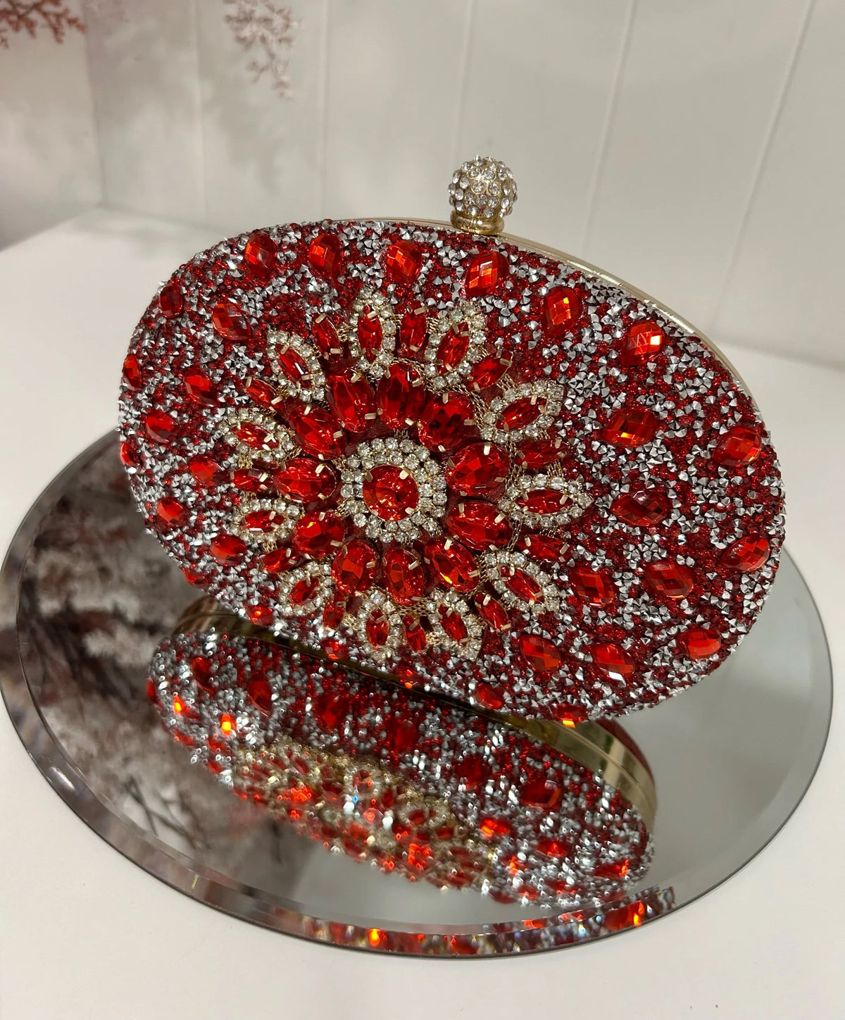 Daisy Red Oval Jewelled Clutch