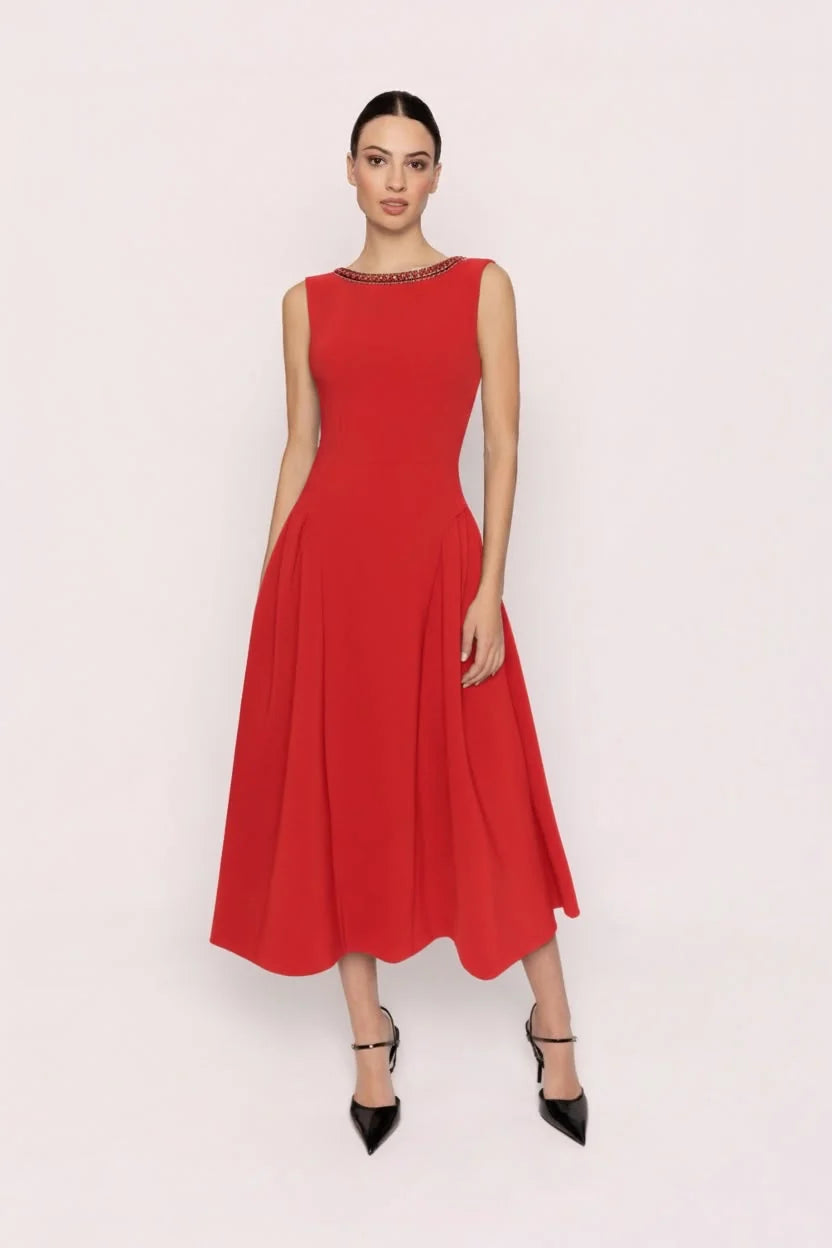 Carmen Red Dress with Chain/Ribbon Detail