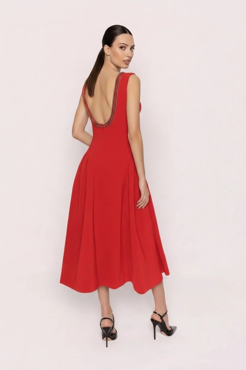 Carmen Red Dress with Chain/Ribbon Detail