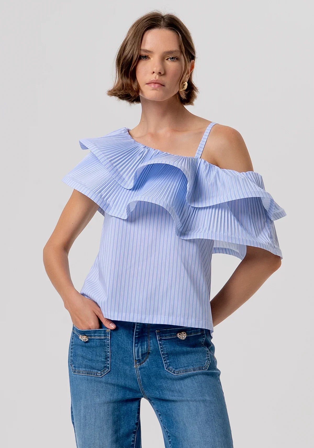 Sarafina Blue/White Stripe Ruffle Top