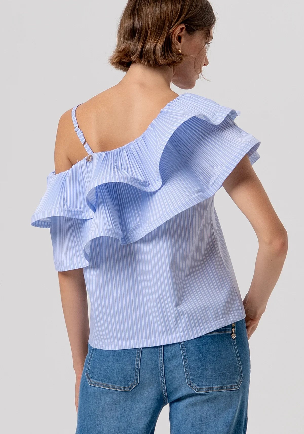 Sarafina Blue/White Stripe Ruffle Top