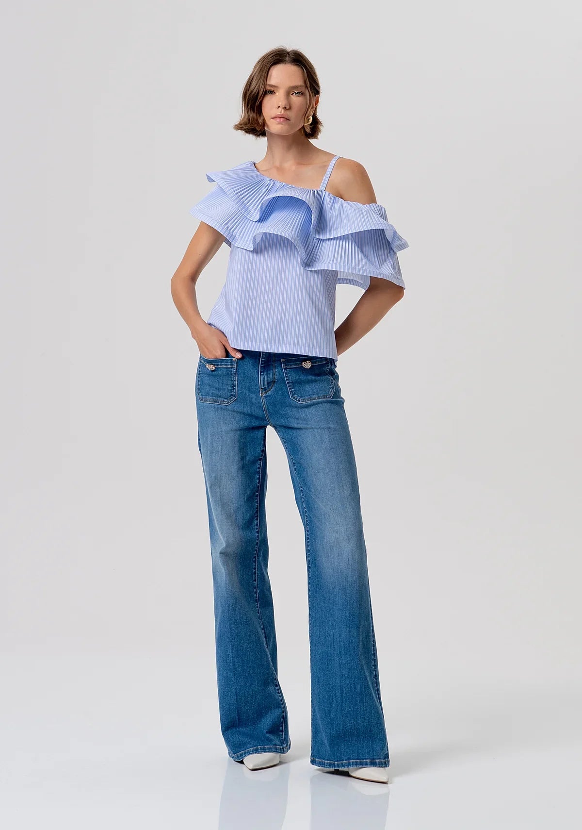 Sarafina Blue/White Stripe Ruffle Top