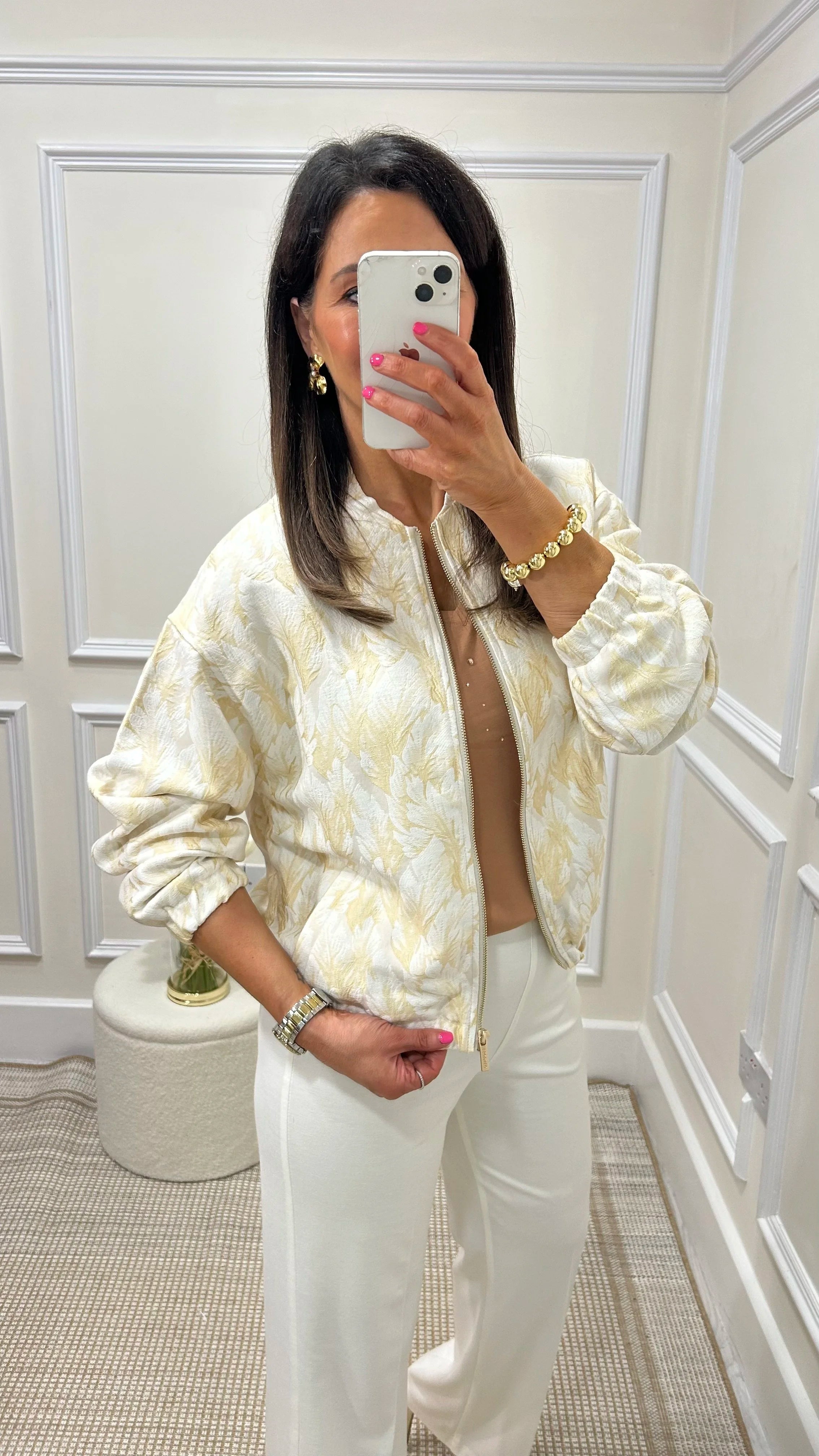 Savanah Cream/Gold Feather Print Bomber
