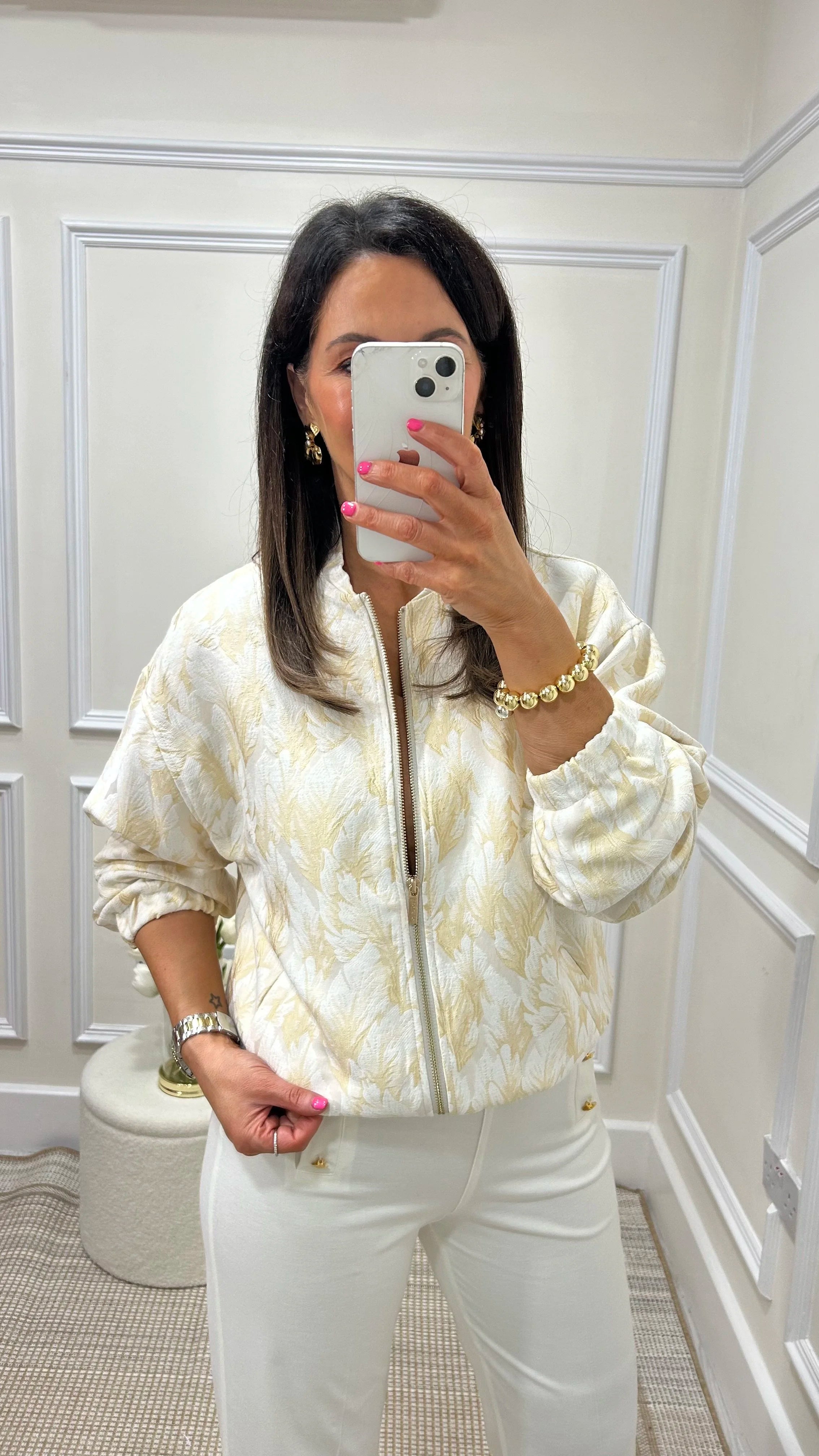 Savanah Cream/Gold Feather Print Bomber