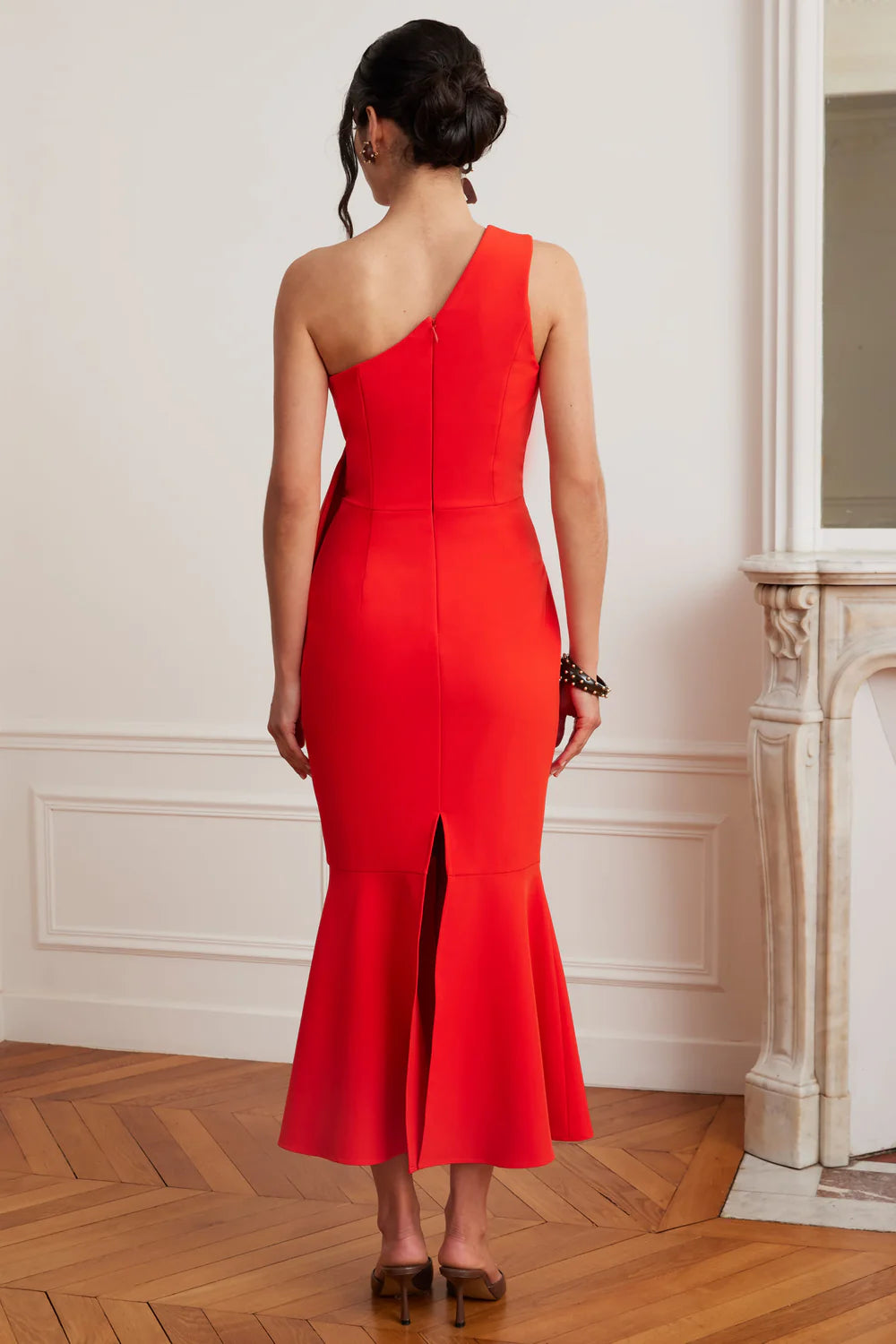 Adelaide One Shoulder Fluted Midi Hem Dress With Bow Detail In Red