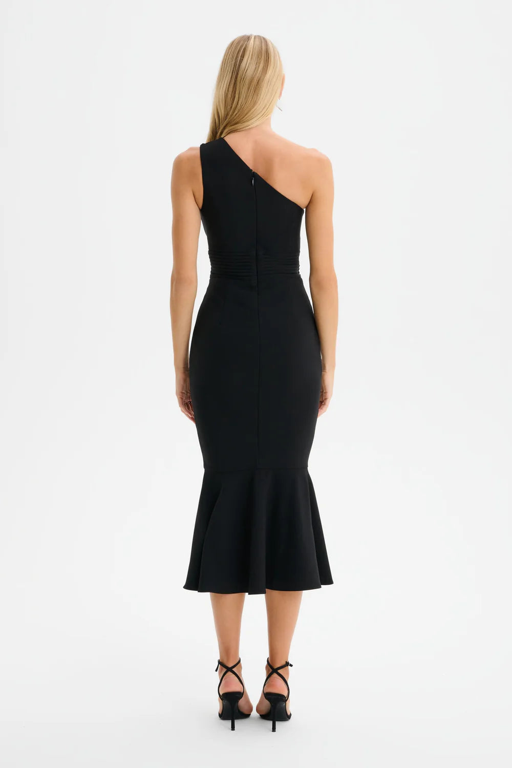 Dahlia One Shoulder Micro Button Midi Dress in Black