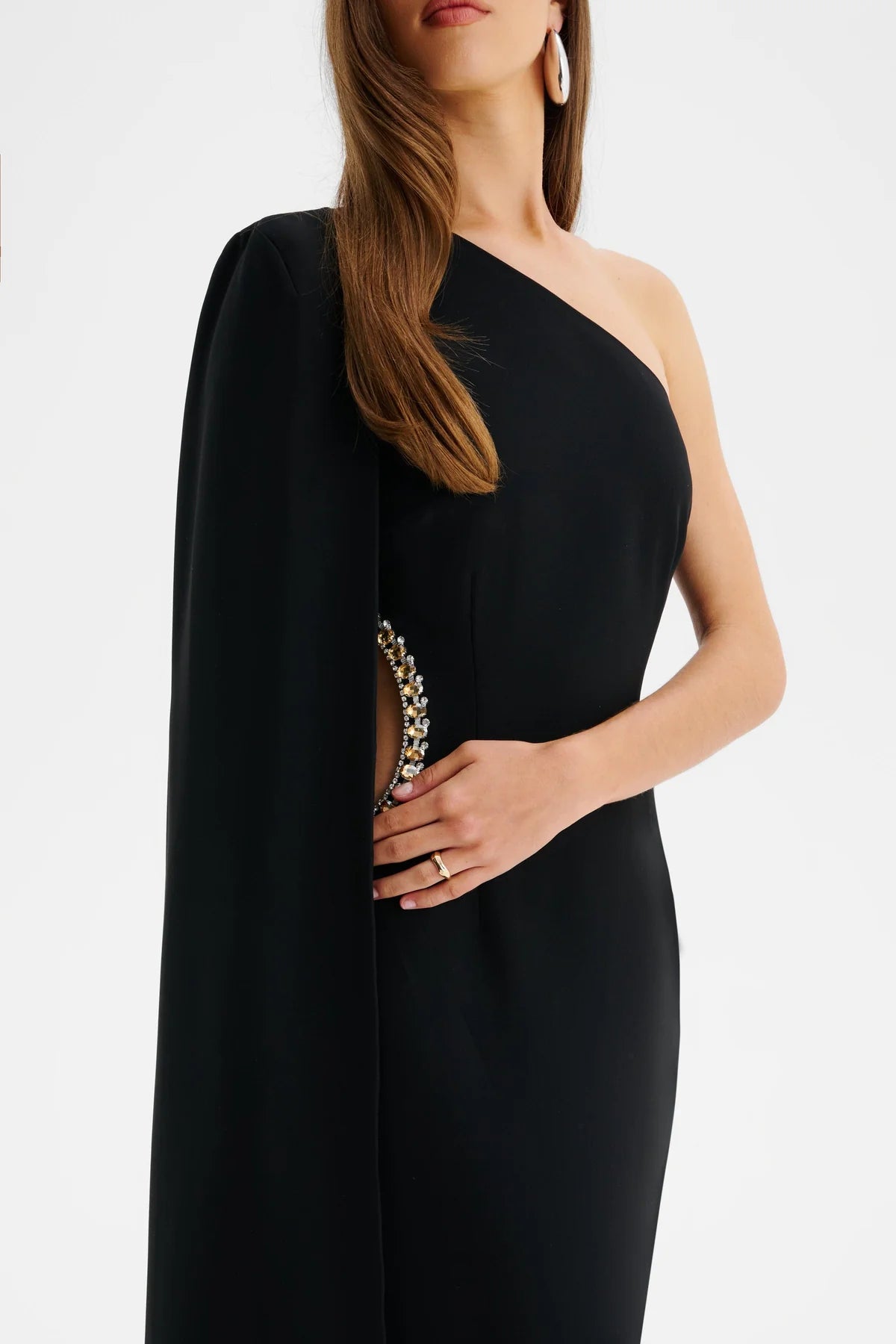 Viviana Asymmetric Embellished Cut Out Maxi Cape Dress In Black