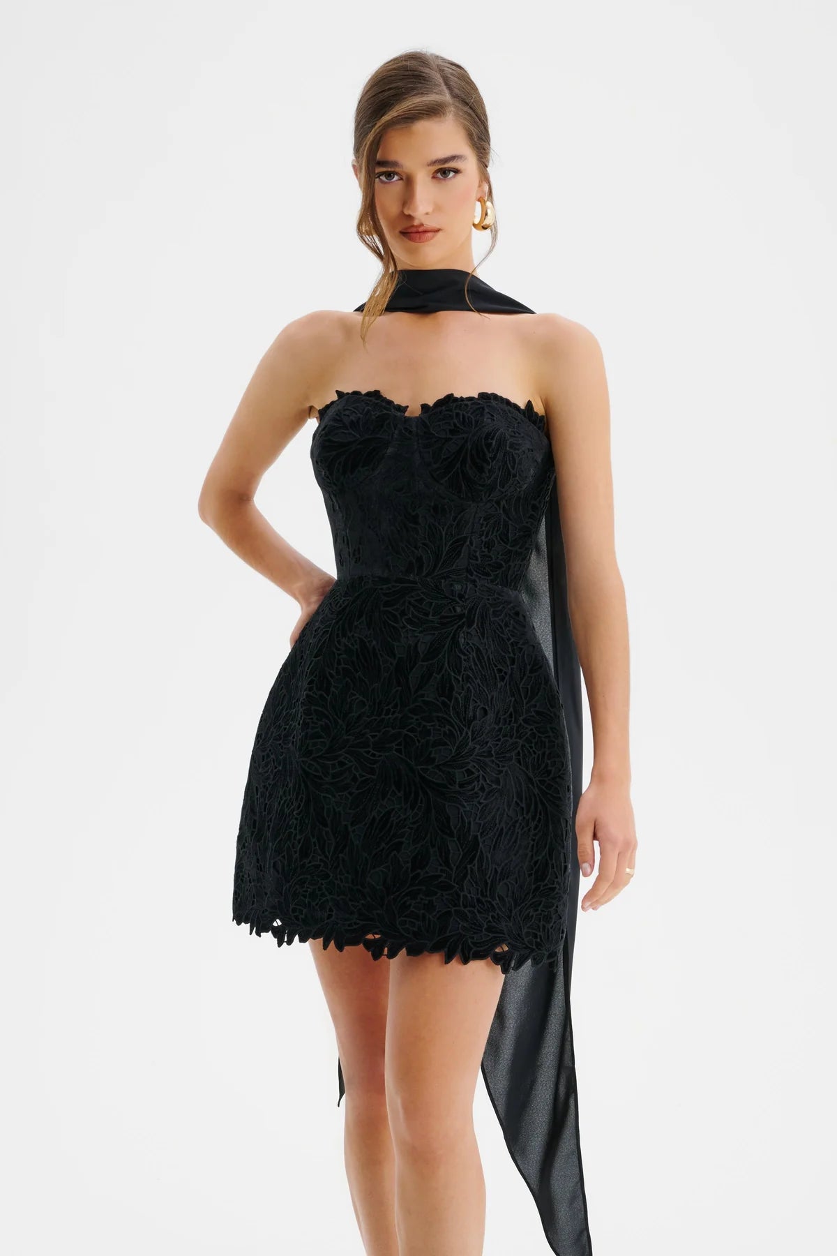 Paloma Velvet Guipure Lace Corset Mini Dress In Black