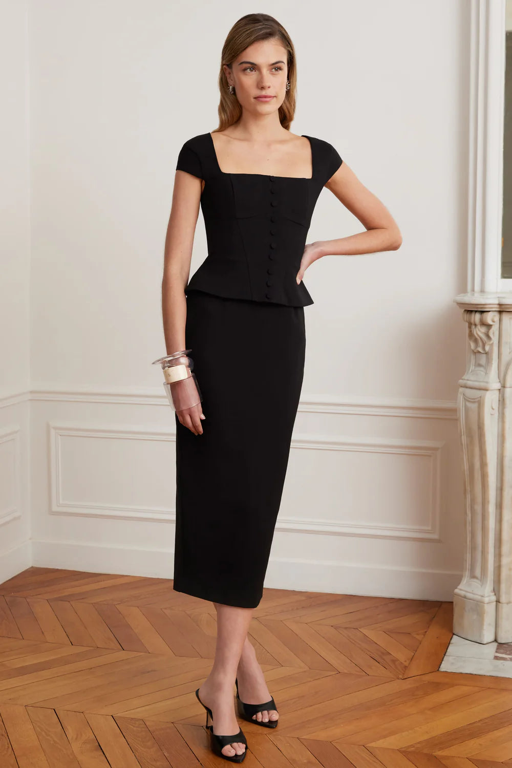 Elisa Corset Peplum Ponte Midi Dress In Black