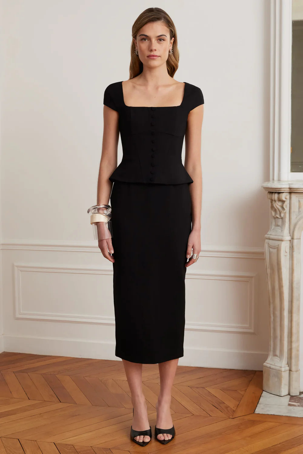 Elisa Corset Peplum Ponte Midi Dress In Black