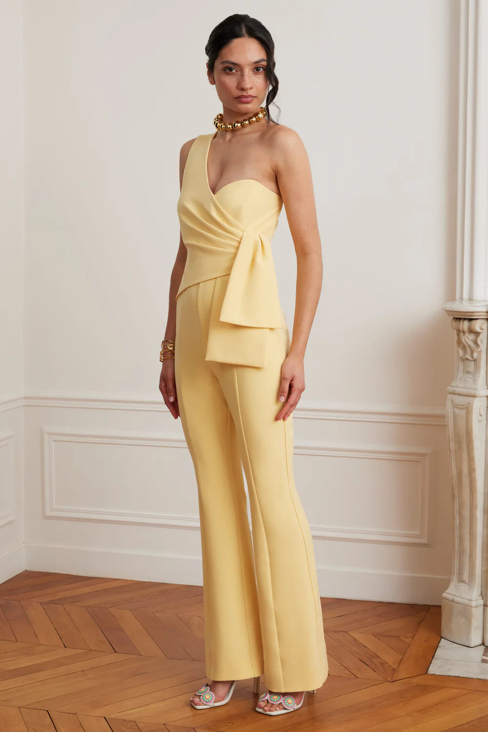 Hallie One Shoulder Jumpsuit With Bow Detail In Yellow