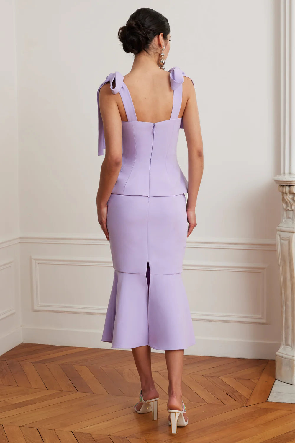 Leona Tie Shoulder Peplum Fishtail Midi Dress In Lilac
