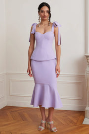 Leona Tie Shoulder Peplum Fishtail Midi Dress In Lilac