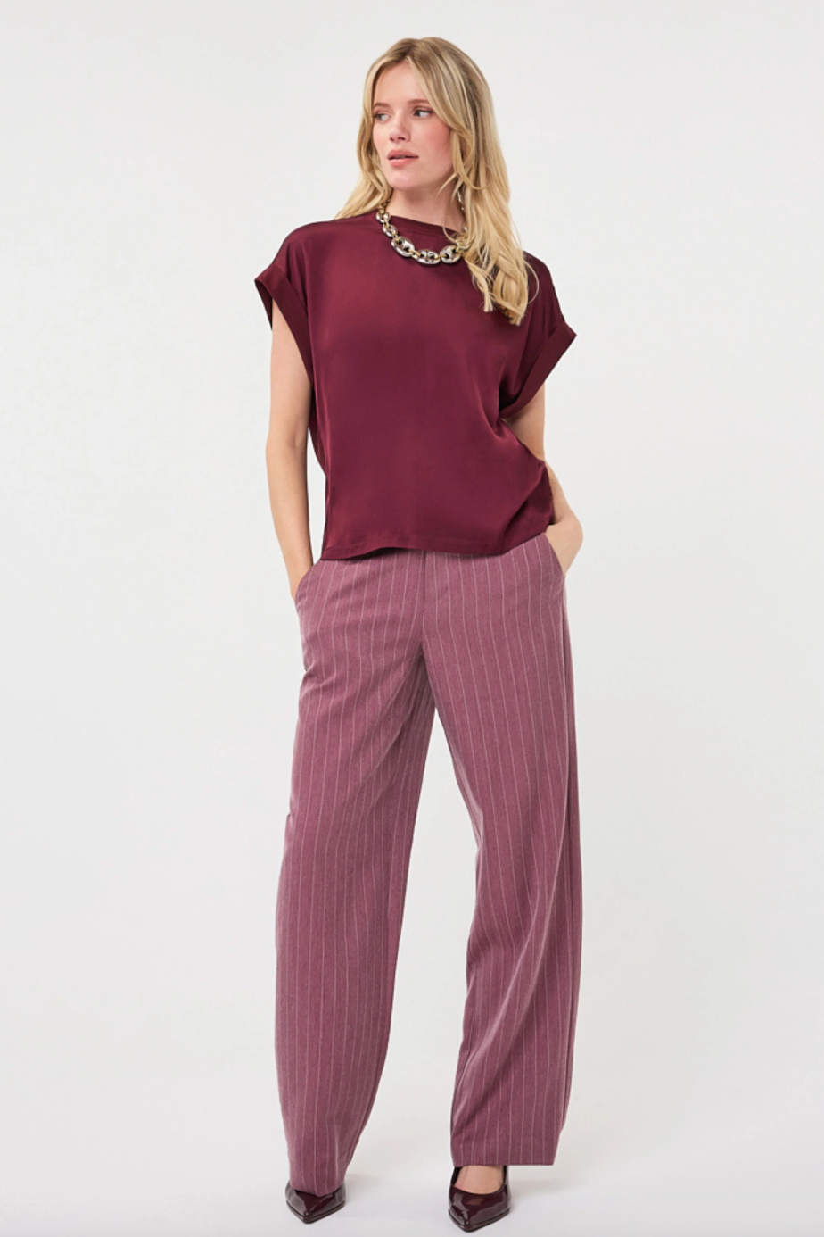 Lydia Wine Pinstripe Wide Trouser