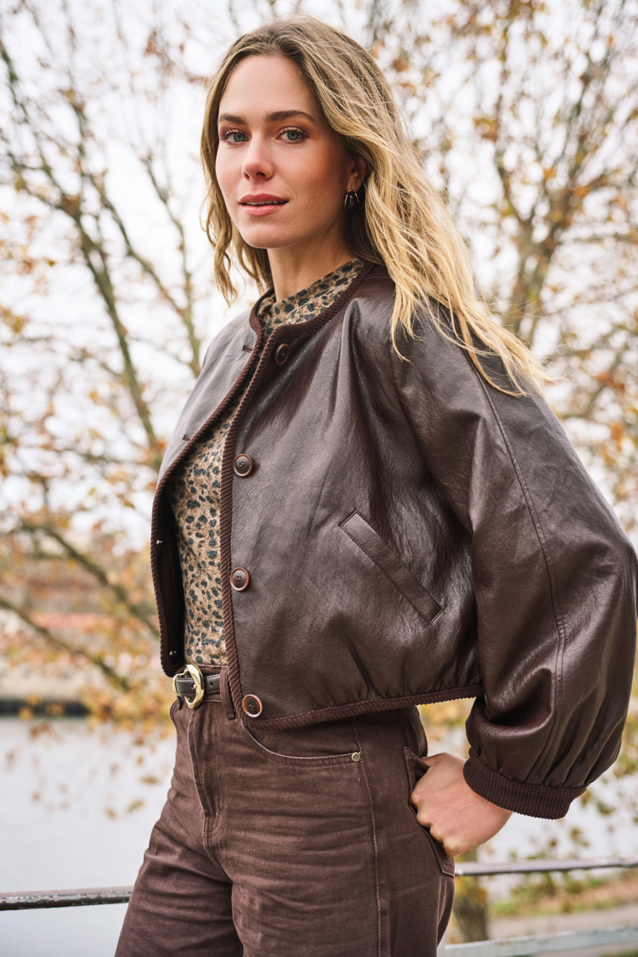 Alma Cacao Brown Short Leather Jacket
