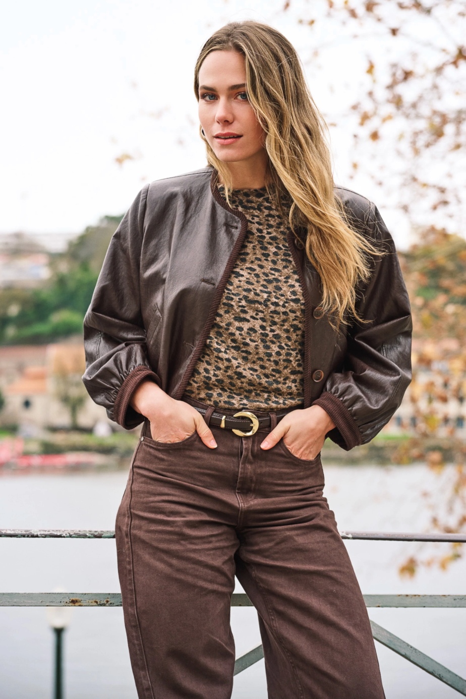 Alma Cacao Brown Short Leather Jacket