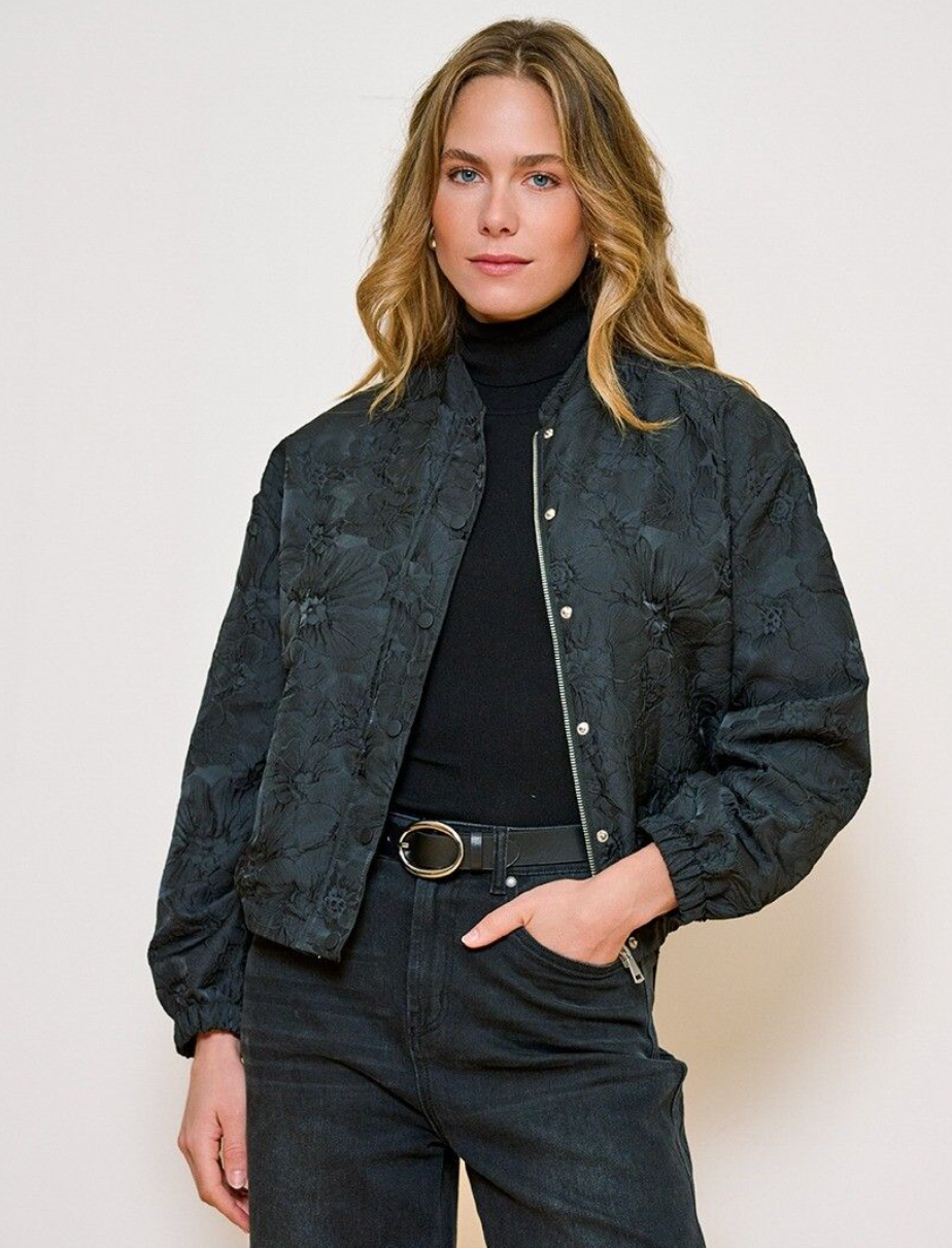 Courtney Black Floral Crinkle Bomber Jacket