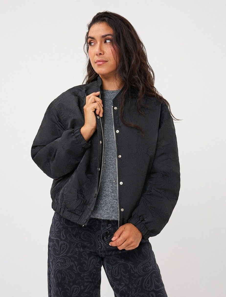 Courtney Black Floral Crinkle Bomber Jacket