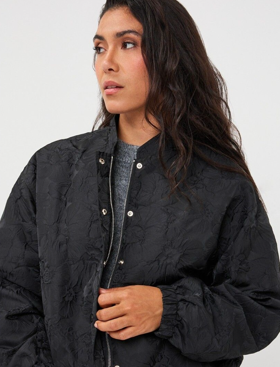 Courtney Black Floral Crinkle Bomber Jacket