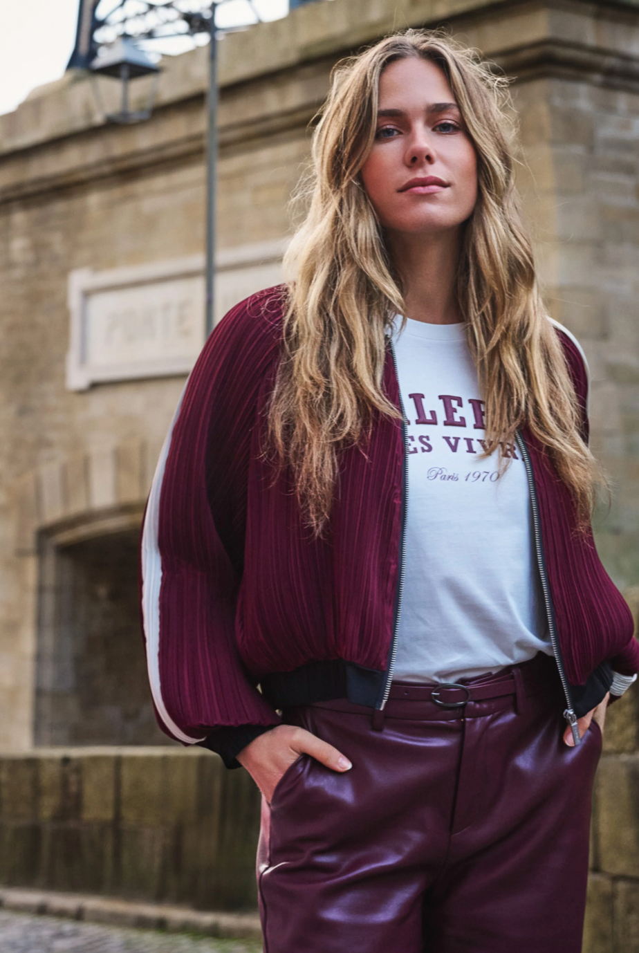 Ellen Merlot Stripe Bomber Jacket