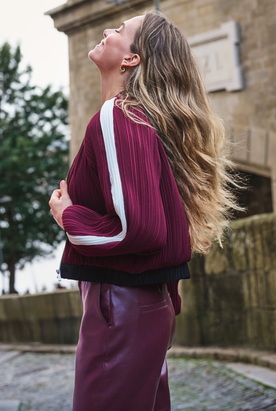 Ellen Merlot Stripe Bomber Jacket