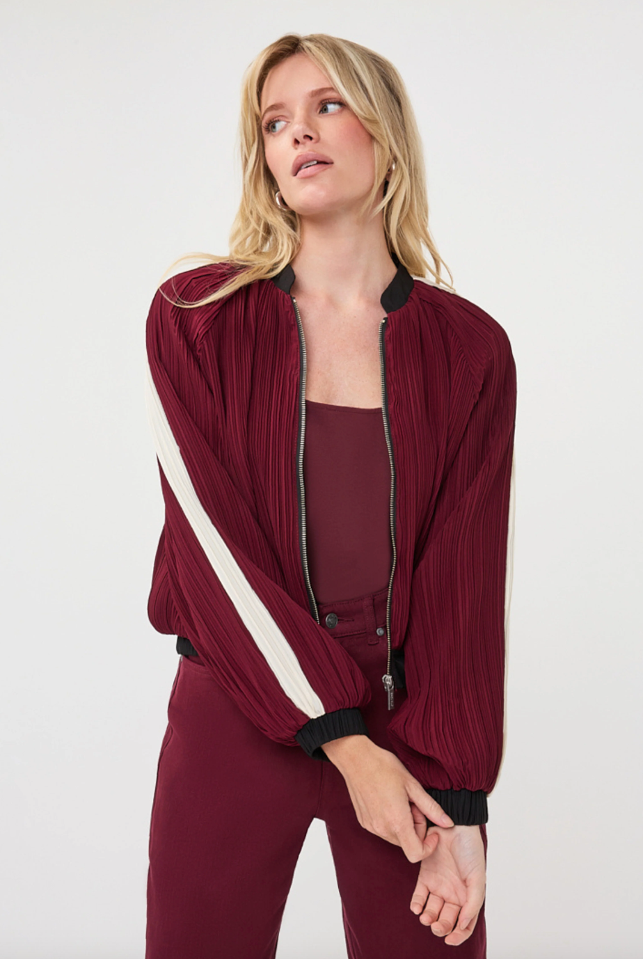 Ellen Merlot Stripe Bomber Jacket