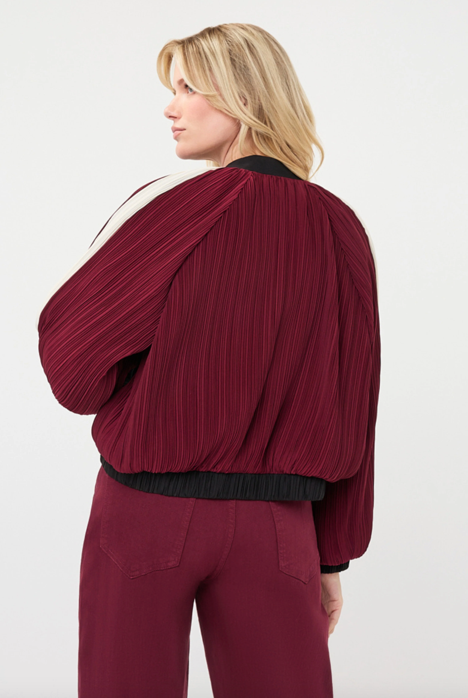 Ellen Merlot Stripe Bomber Jacket