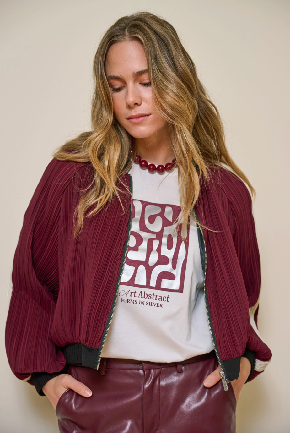 Ellen Merlot Stripe Bomber Jacket