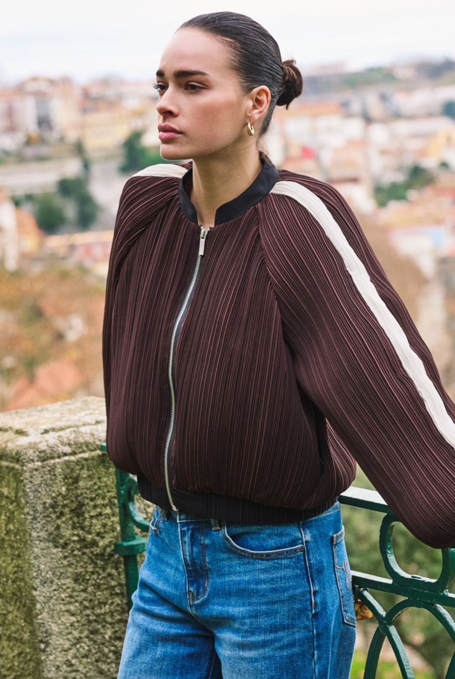 Ellen Chocolate Brown Stripe Bomber Jacket