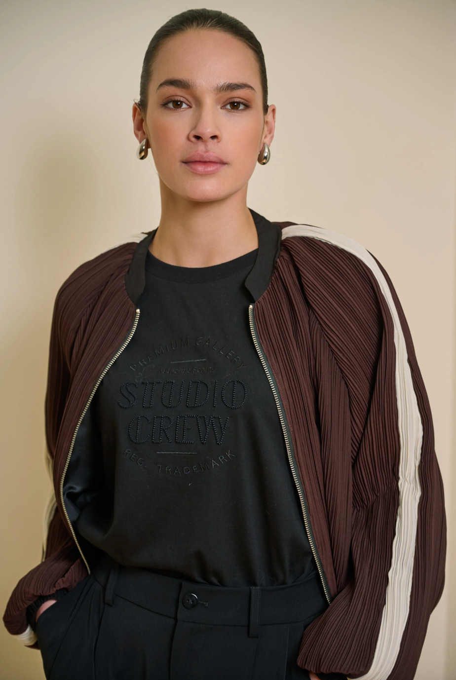 Ellen Chocolate Brown Stripe Bomber Jacket