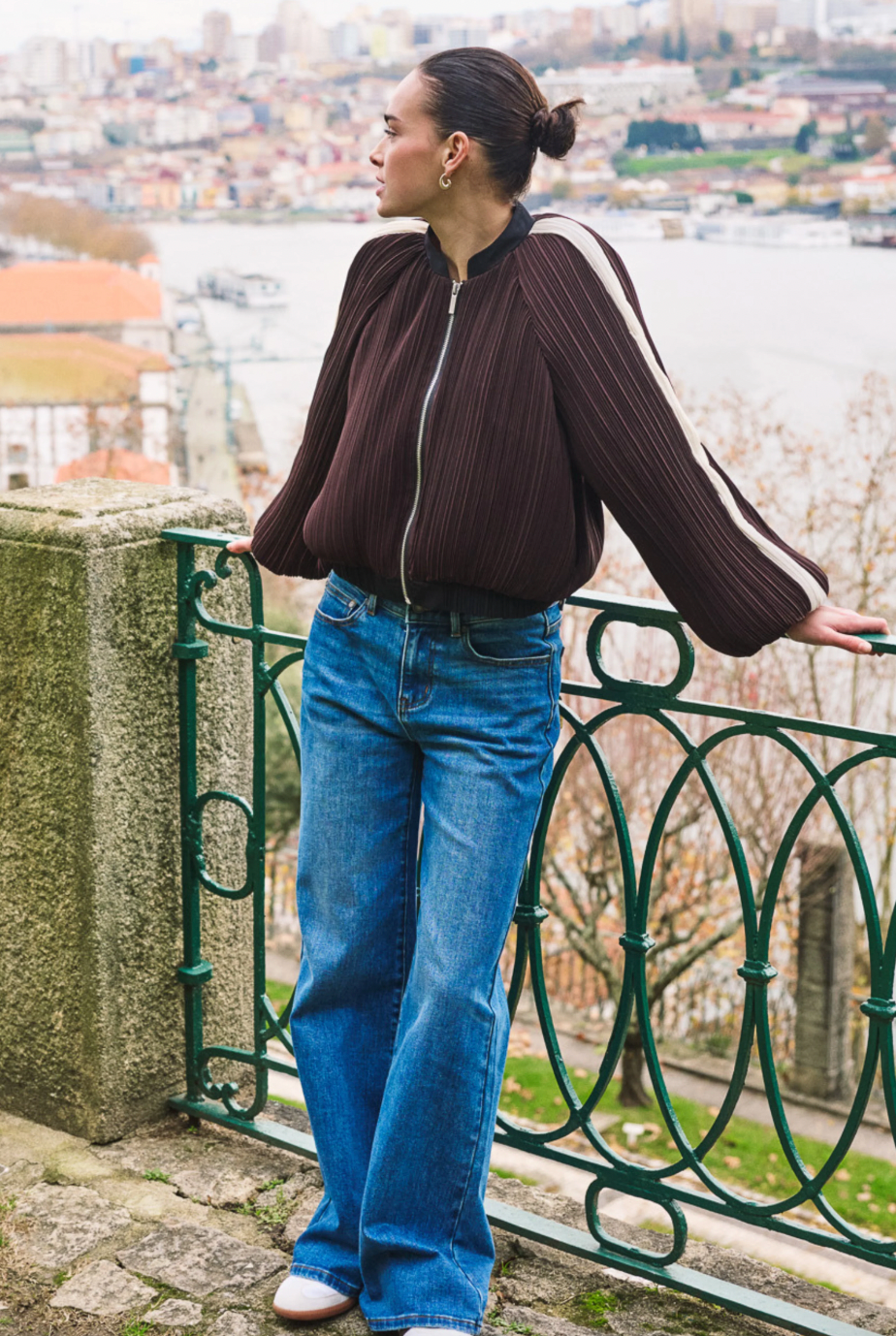 Ellen Chocolate Brown Stripe Bomber Jacket