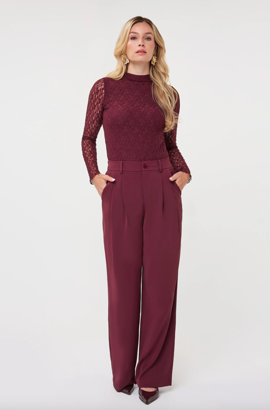 Glenda Merlot Long Sleeve Lace Top