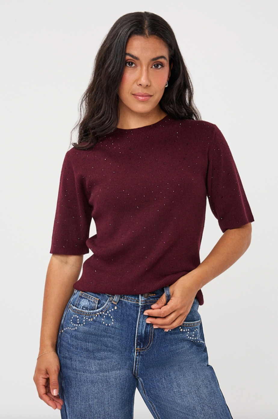 Elena Merlot Sparkle Knit Top