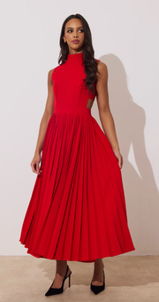 Prism Red Pleat Full Skirt Midi Dress