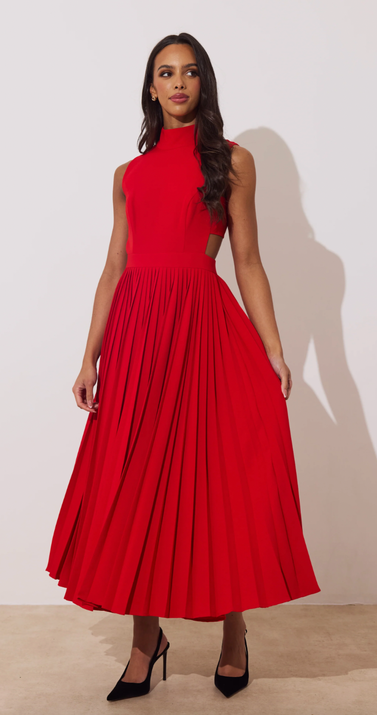 Prism Red Pleat Full Skirt Midi Dress