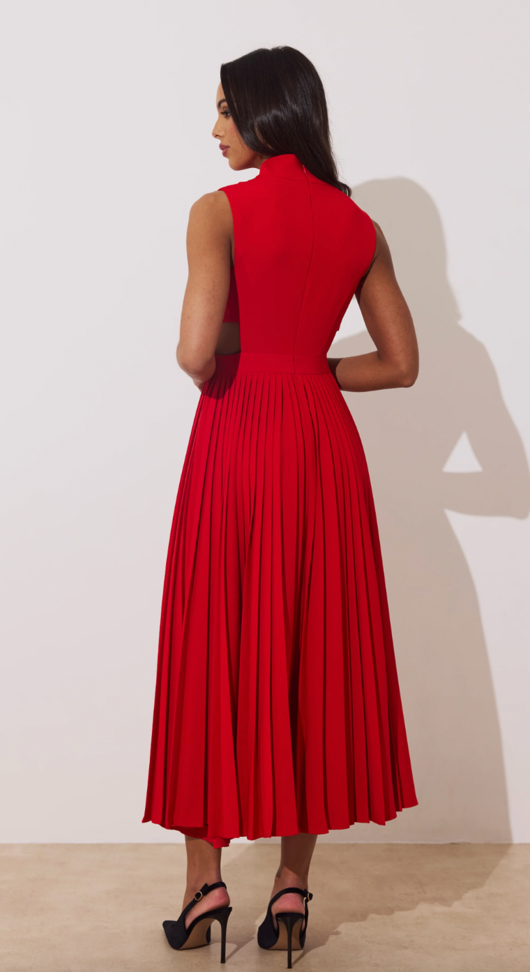 Prism Red Pleat Full Skirt Midi Dress