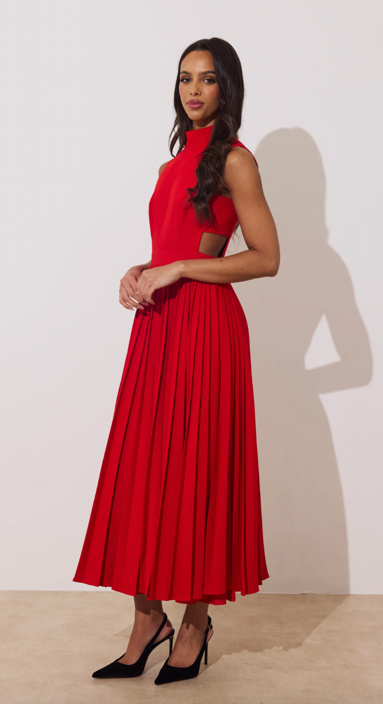 Prism Red Pleat Full Skirt Midi Dress