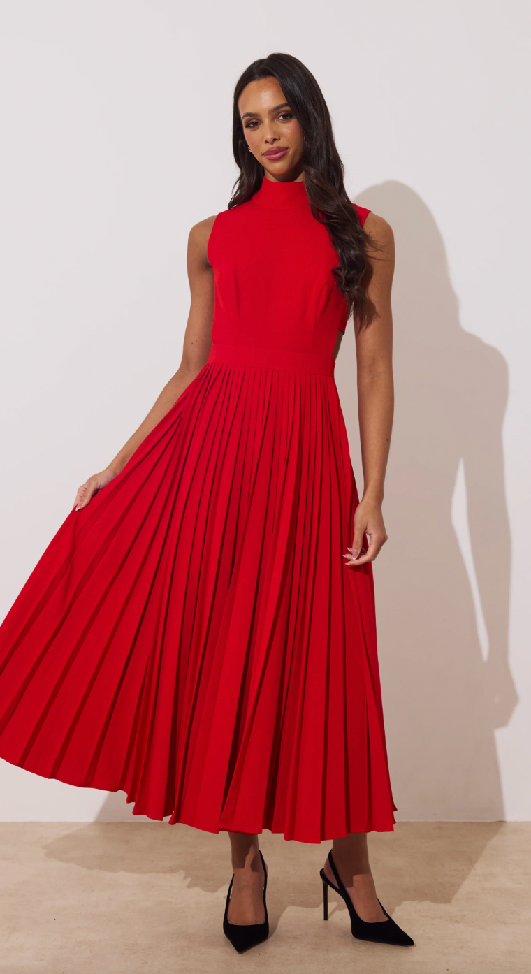 Prism Red Pleat Full Skirt Midi Dress
